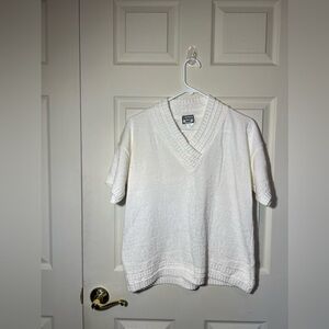 Vintage Sweater by Kenneth Too White Crochet Knit Vneck Short Sleeve Sz L USA